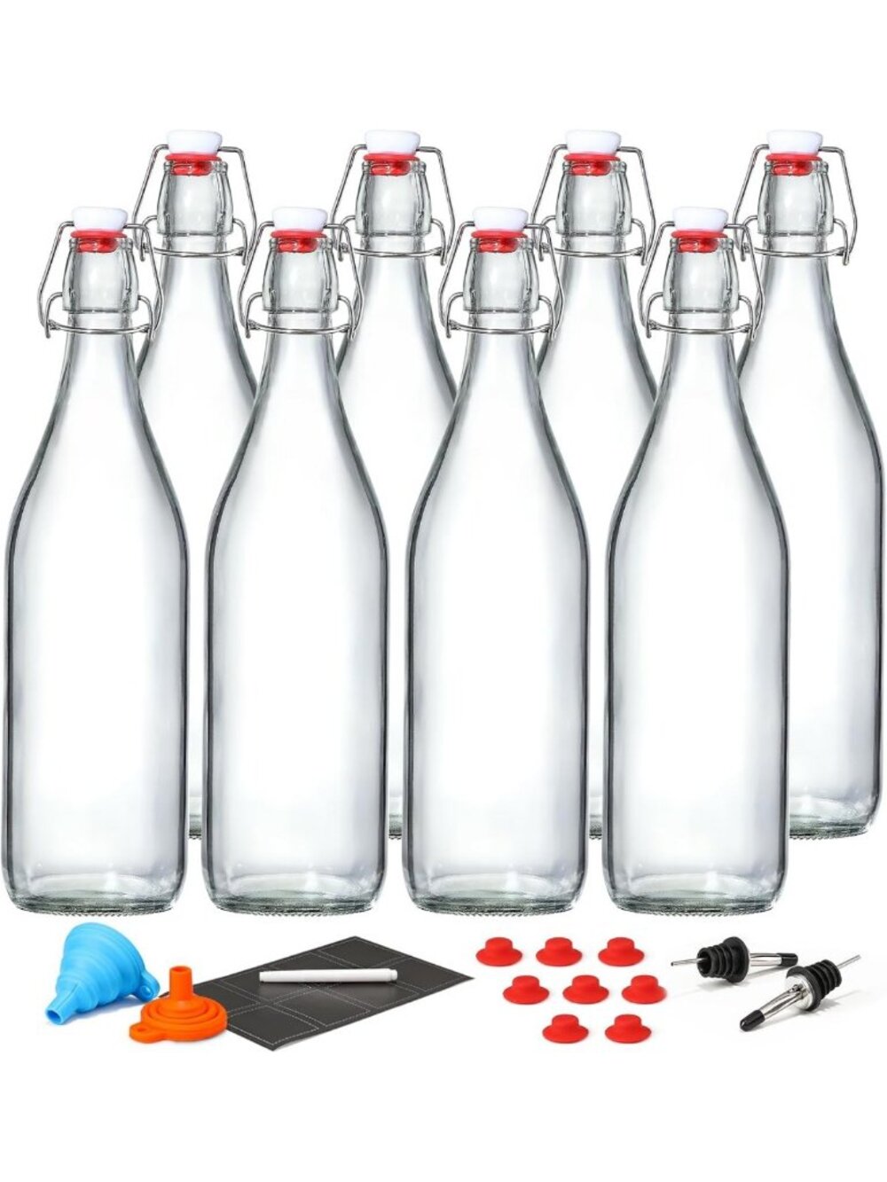 8-Pack 1L Swing Top Glass Bottles with Funnels & Pourers - Perfect for Drinks